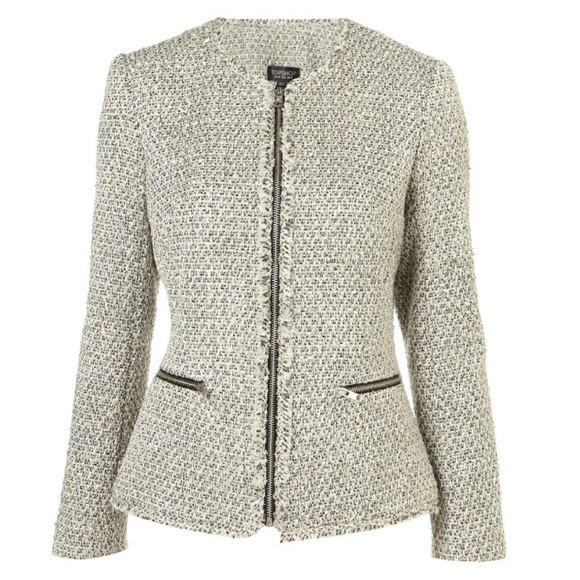 Topshop Jackets & Blazers - Topshop Gray Tweed Raw Edge Zip Boucle Jacket 8